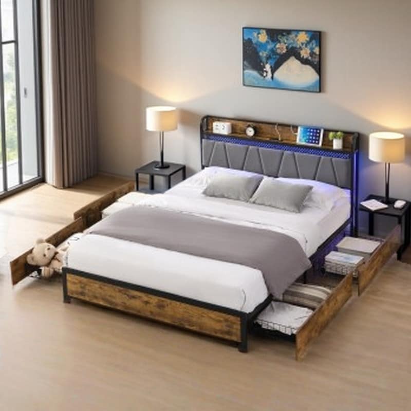 Queen Bed Frame with Storage Headboard, LED Lighting, Charging Station & 4 Rolling Drawers, Multi-Function RGB Lighting