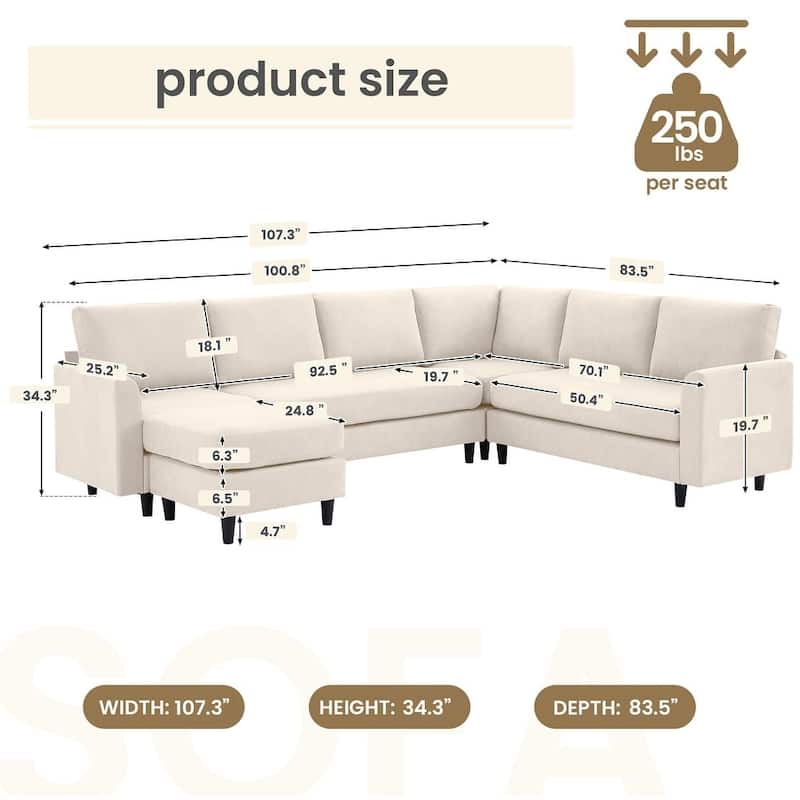 Modern U-Shaped Chenille Modular Sectional Sofa with Ottoman, Overized Corner Couch for Living Room - 107" W