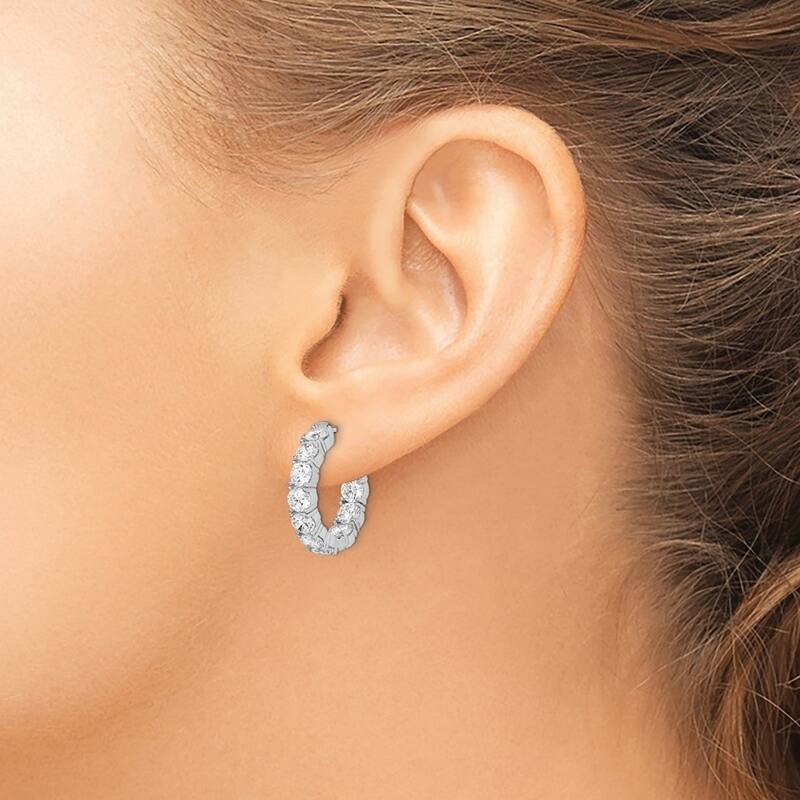 Curata 925 Sterling Silver Polished Safety clasp Rhodium Plated With CZ Cubic Zirconia Hinged Hoop Earrings