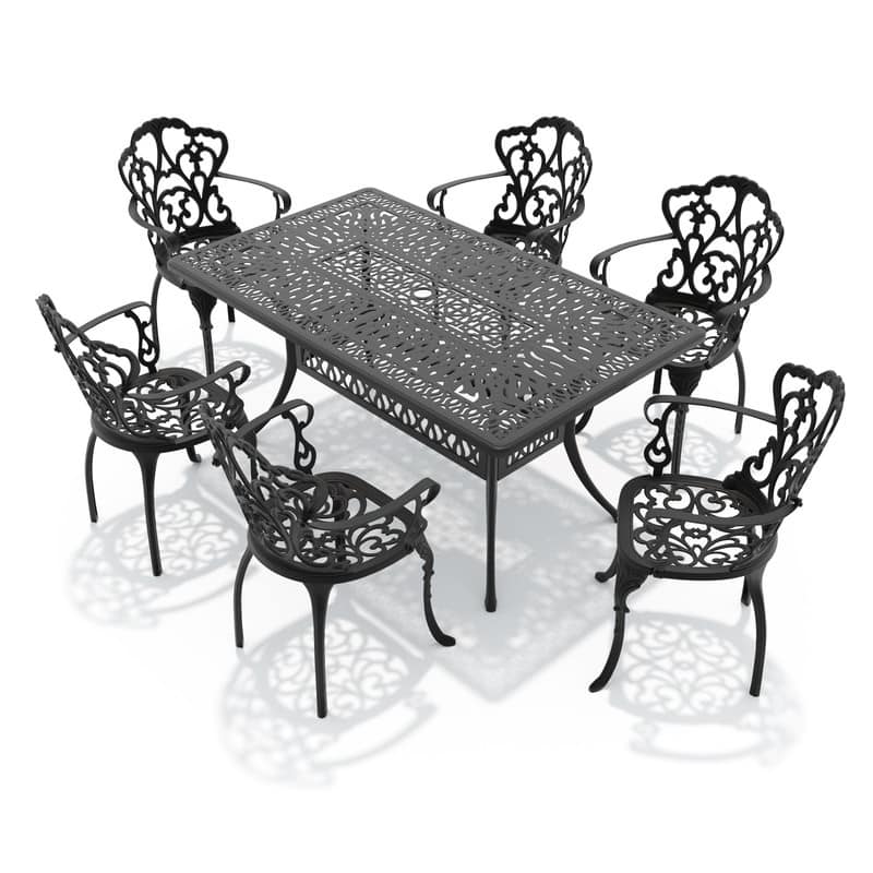 5/7-Piece Cast Aluminum Outdoor Dining Set with 58.27'' L X 34.65'' W Rectangular Table and Seat Cushions