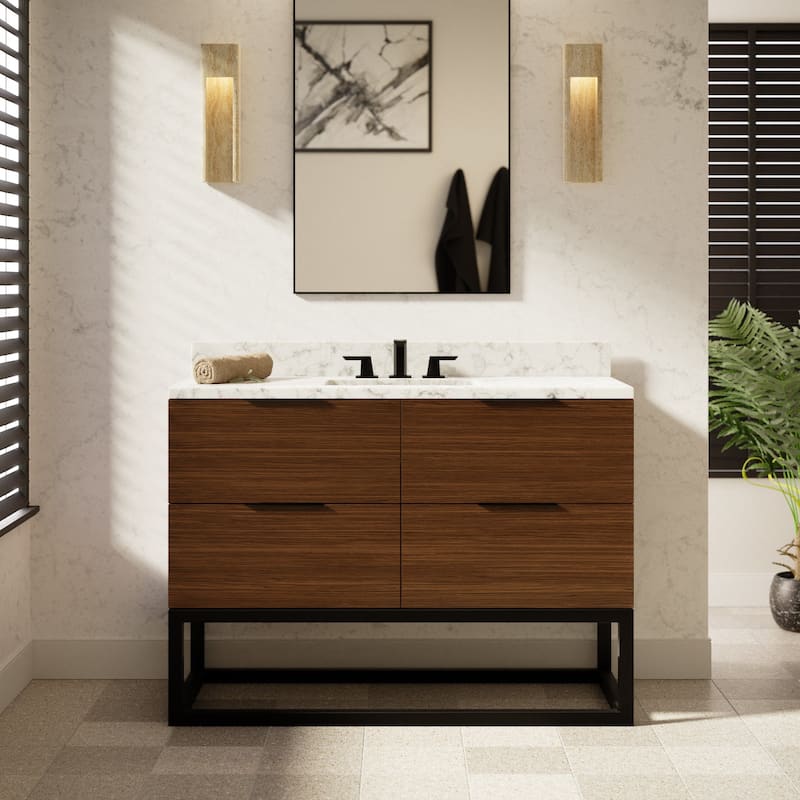 KitchenBathCollection Mia 48" Bathroom Vanity with Carrara Marble Top - Walnut