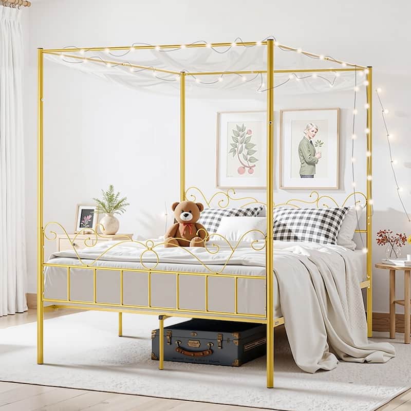 Gold Metal Queen Canopy Bed with Storage, Quiet Design and DIY Rails