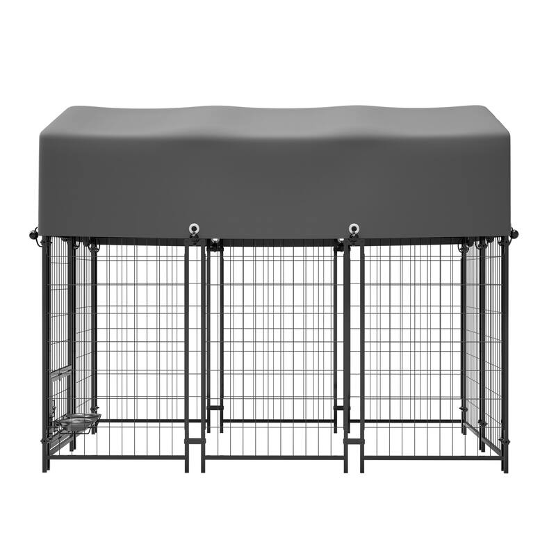 GDFStudio - Large Outdoor Heavy Duty Metal Dog Kennel with Roof, UV-Resistant Waterproof Cover, Double Lock & Rotating Feeder