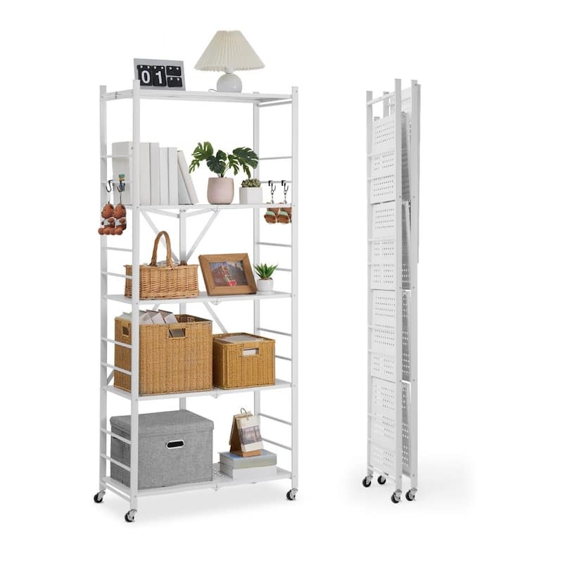 White Carbon Steel Folding Garage Storage Shelf with Wheels and 750 lbs Capacity - 14 x 32 x 72 in