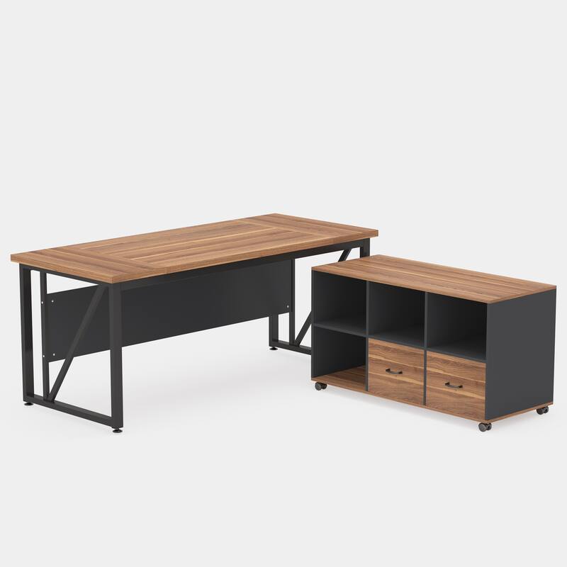 63-Inch Executive Desk with 47-Inch Mobile File Cabinet , Walnut & Gray