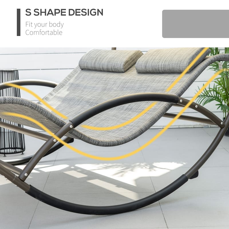 Outsunny Outdoor Double Chaise Rocking Chair, Day Bed Sun Lounger with Canopy Shade, Headrest Pillow, Armrests