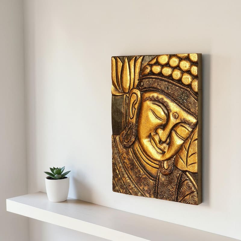 16" Silver Buddha Wall Panel - Hand Carved Decorative Wood Relief, Zen Spiritual Wall Art