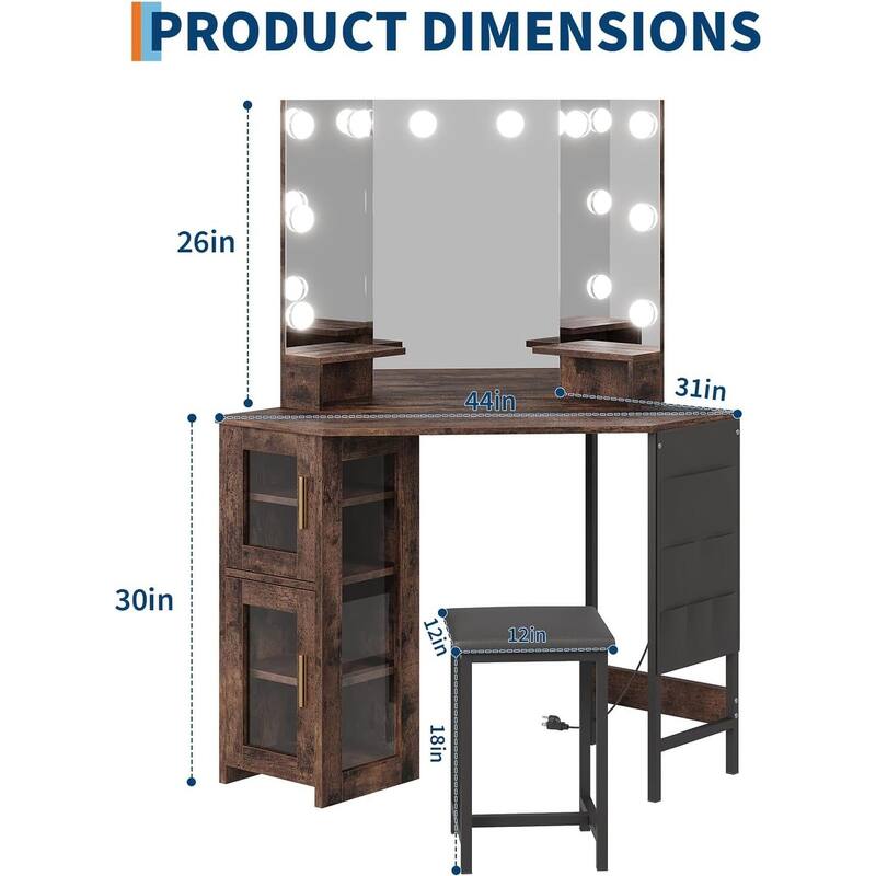 Corner Vanity Desk and Stool, Makeup Dressing Table Set with Light Bulbs Mirror