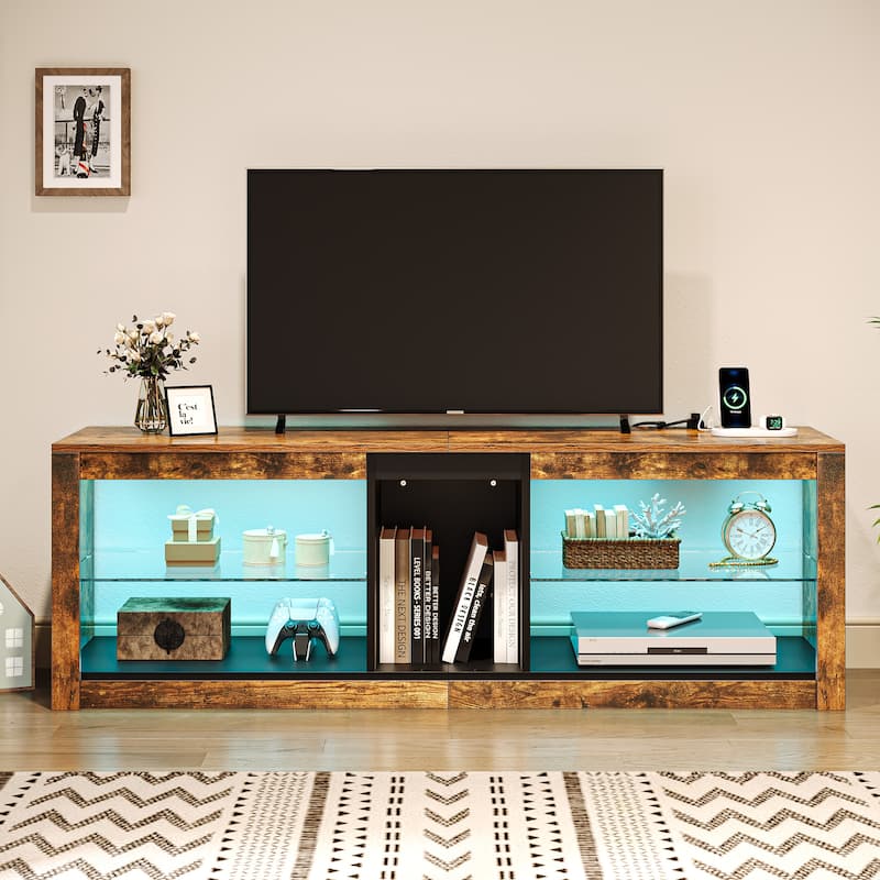 Moasis LED RGB TV Stand w/ Power Outlets for TVs up to 55/60" Entertainment Center with Glass Shelves