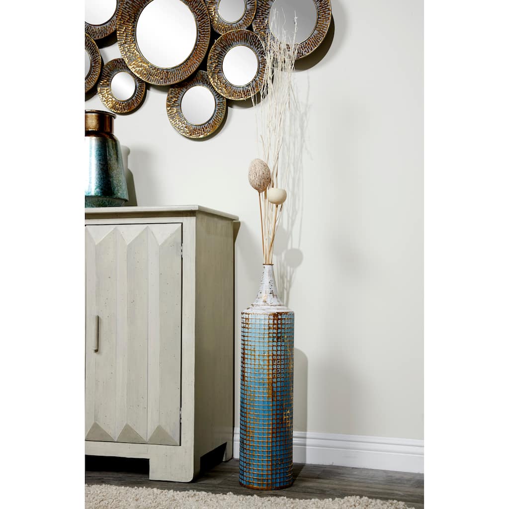 Blue Metal Distressed Tall Geometric Decorative Vase with Grid Pattern and Gold Accents (Set of 2)