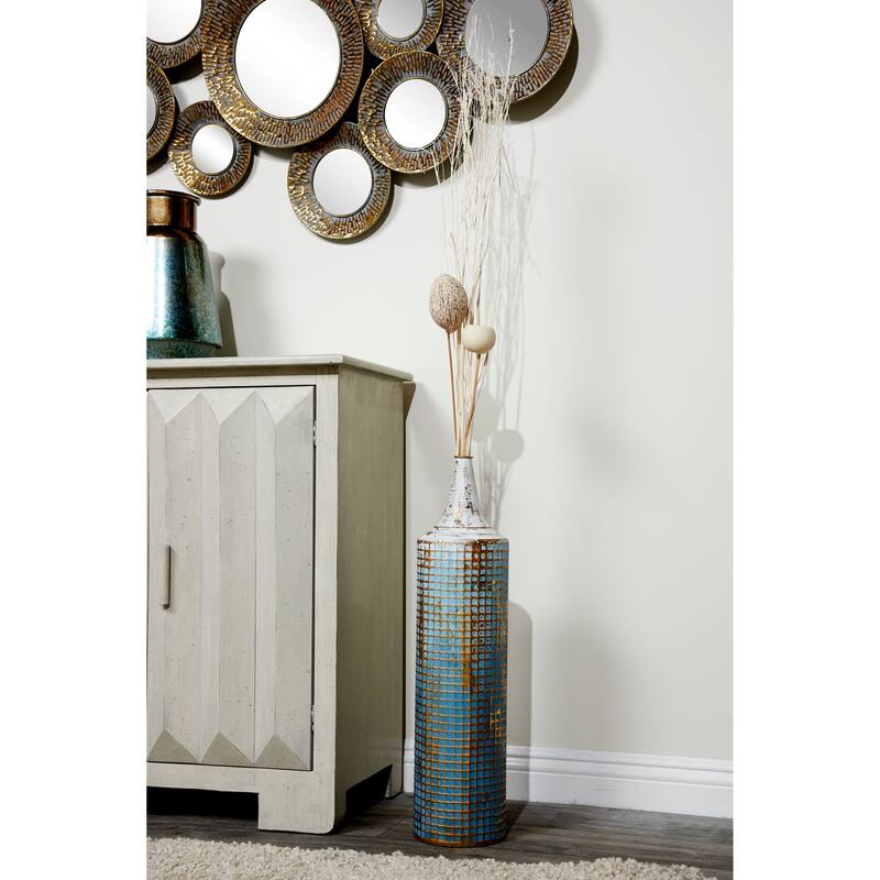 Blue Metal Distressed Tall Geometric Decorative Vase with Grid Pattern and Gold Accents (Set of 2) - Blue