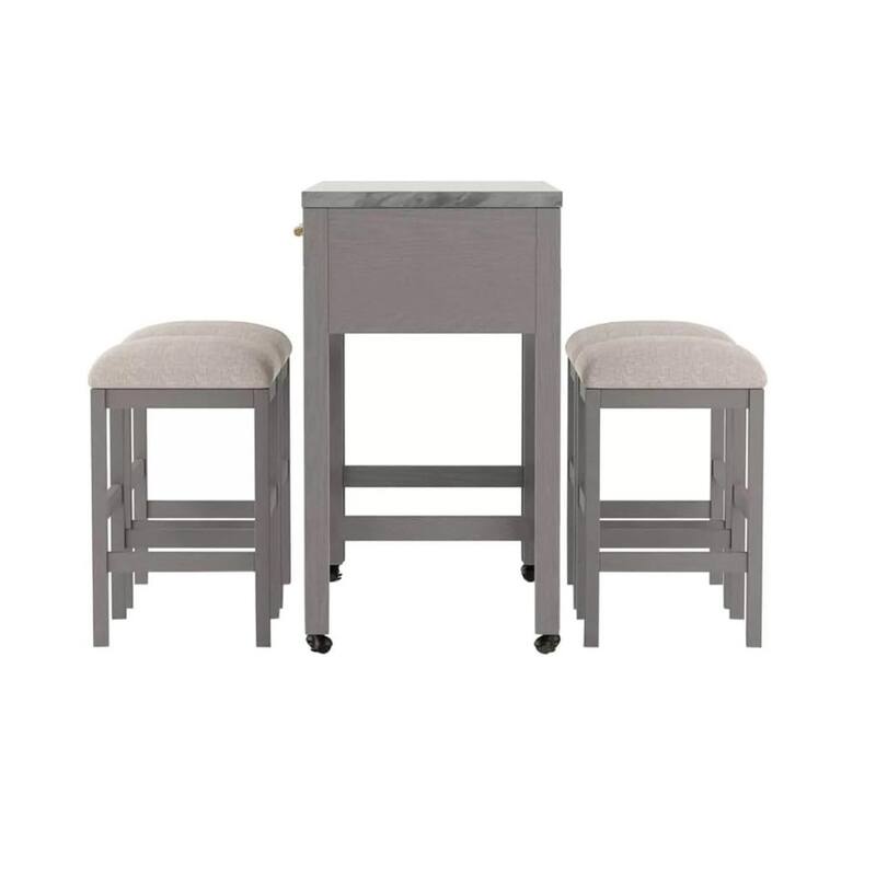 Rustic 5pc Dining Set Counter Height Dining Table w Storage drawer Faux Marble Top 4x Stools Light Gray Dining Room Furn