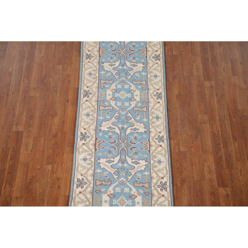Light Blue Oushak Oriental Runner Rug Handmade Wool Carpet - 2'6"x 9'9"