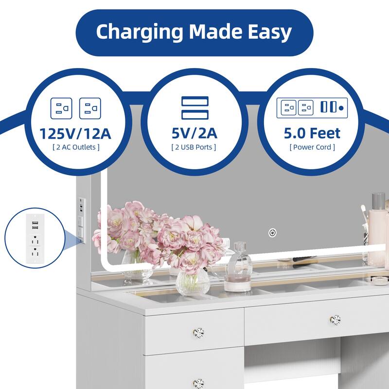 45" Vanity Desk Set with 9 Drawers and Large Hollywood Bulbs Mirror Power Outlet