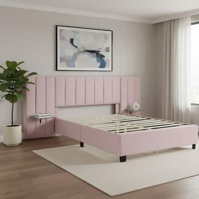 HomeRoots Pink Tufted Velvet Upholstered Lighted Queen Bed Frame