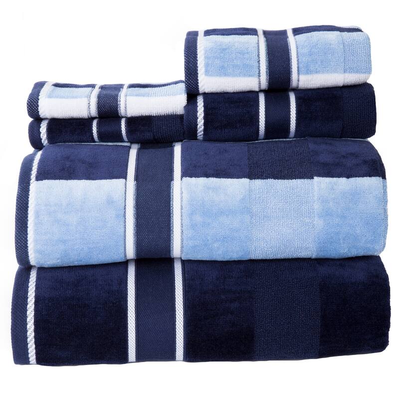 6PC Towel Set - Absorbent Cotton Bathroom Accessories Solid and Striped Towels by Windsor Home - Navy Blue