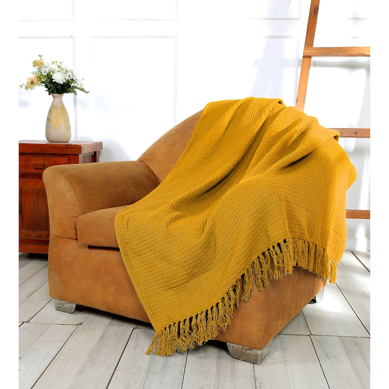 Luxurious Soft Cozy All Season Light Weight Cotton Waffle Weave Throw Blanket with Fringes - 70x50 Inches - Mustard
