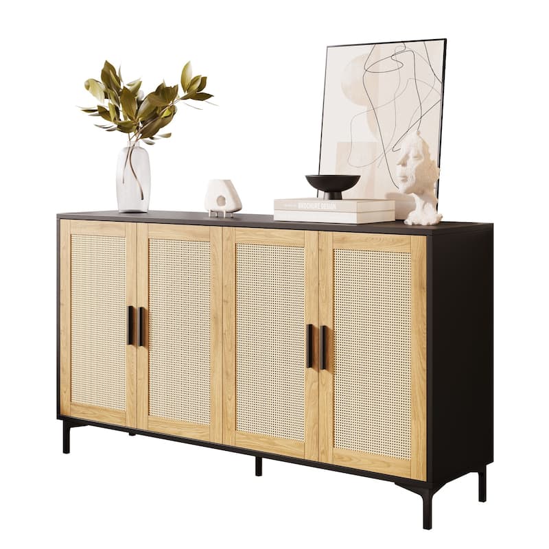 JASIWAY Buffet Table Kitchen Sideboard with Rattan Decorated Doors