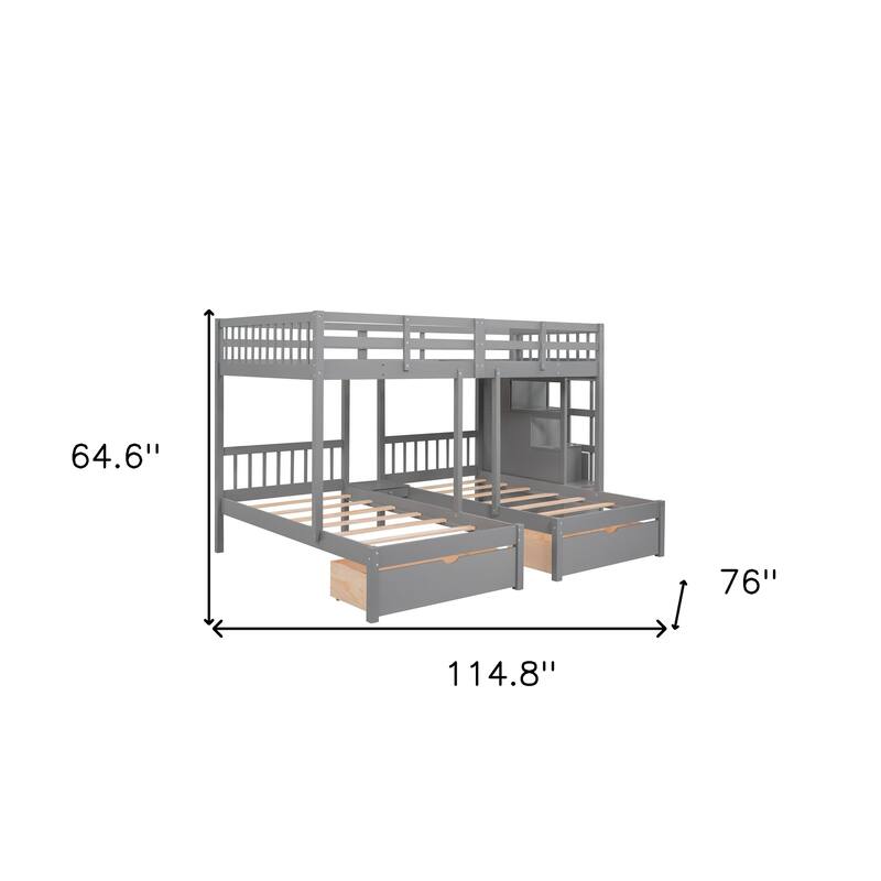HomeRoots Gray Full Over Two Twins Solid Wood Bunk Bed With Stairs Drawers And Storage
