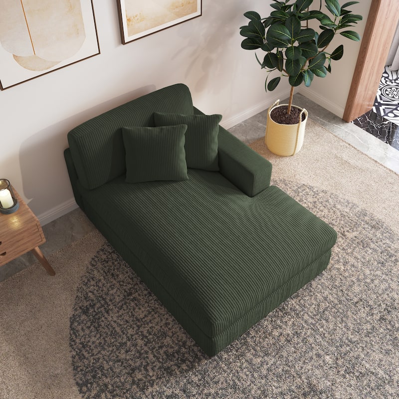 Upholstered Corduroy Modular Sectional Sofa with 2 throw pillows - Green Chaise - Right Facing