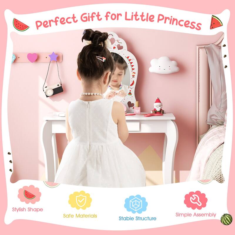 Gymax Kid Vanity Table Stool Set Storage Drawer Watermelon Patterns