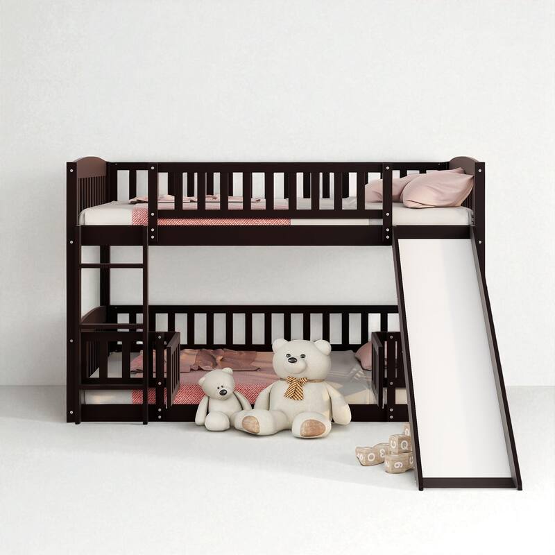 Twin Over Twin / Full Over Full Bunk Bed with Slide and Fence, Low Wood Frame with Ladder for Kids and Teens - Espresso - Full