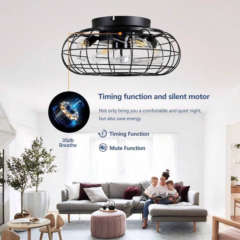 Cusp Barn 20'' Black Low Profile Bladeless Caged Ceiling Fan with Lights and Remote, 6 Speeds Reversible Ceiling Fan for Bedroom