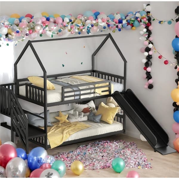 slide 2 of 13, Twin over Twin Metal Bunk Bed House Bed with Slide and Staircase for Home Black