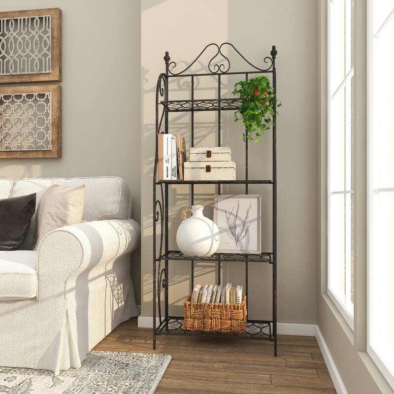 Metal Scroll Indoor Outdoor Tall Folding 4 Shelf Bakers Rack - Black - Roche River Decor