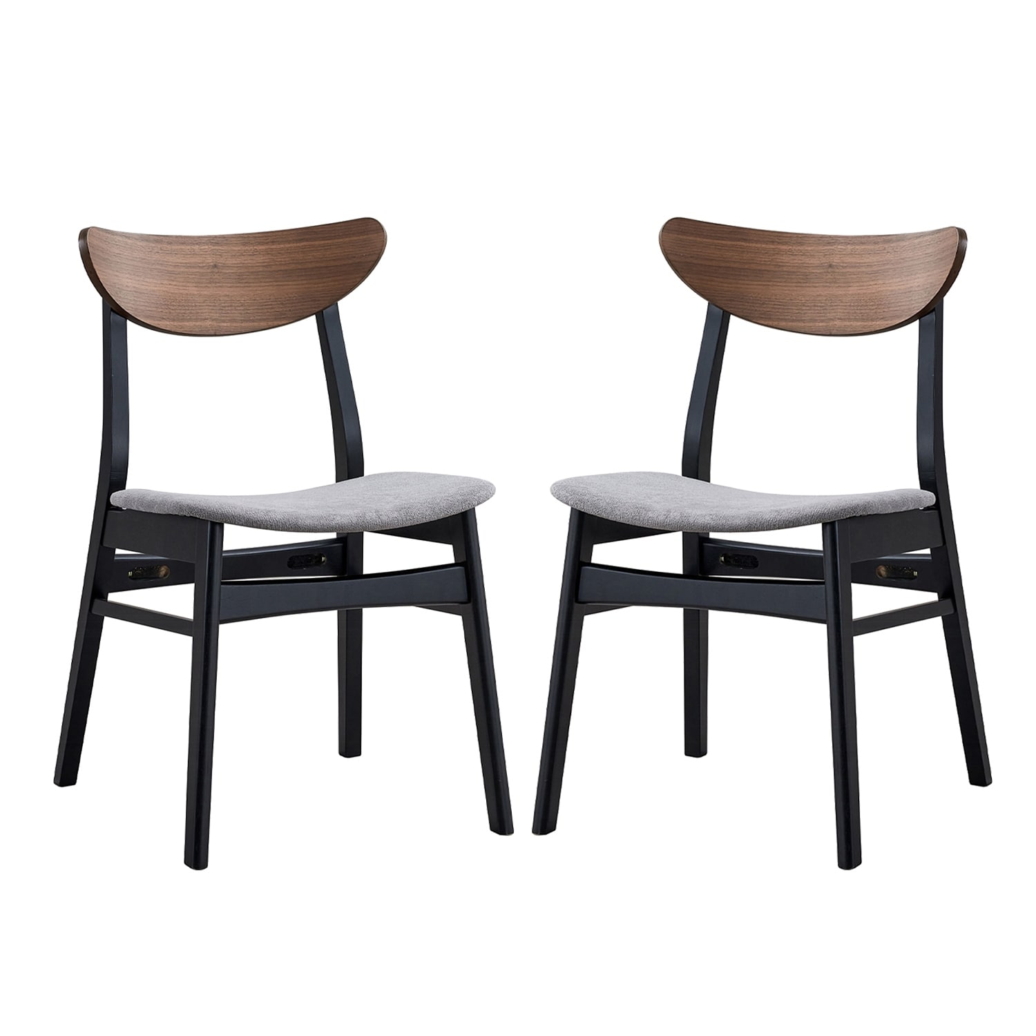 Set of 2 Linen Upholstered Dining Chairs with Curved Back in Gray and Walnut