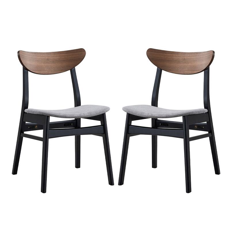 Set of 2 Linen Upholstered Dining Chairs with Curved Back in Gray and Walnut - Gray/Walnut/Black - Set of 2