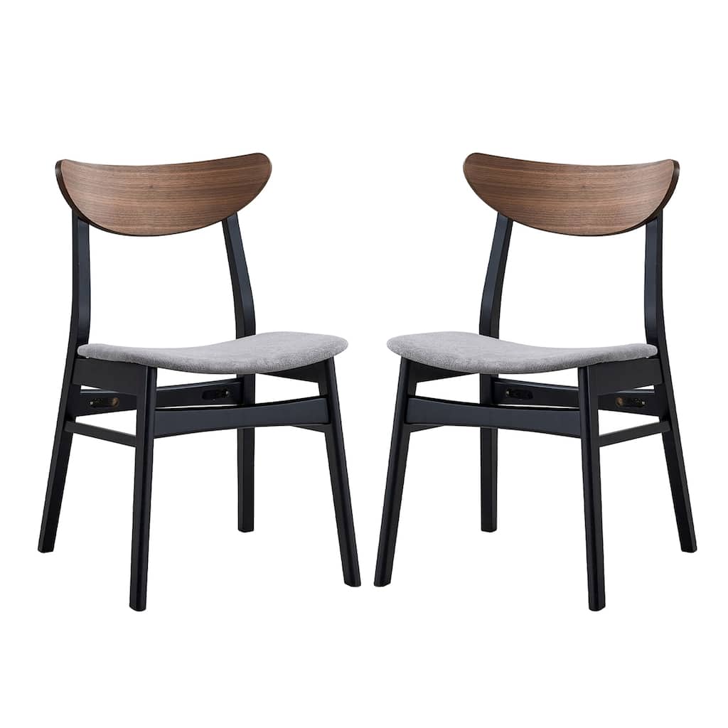 Set of 2 Linen Upholstered Dining Chairs with Curved Back in Gray and Walnut