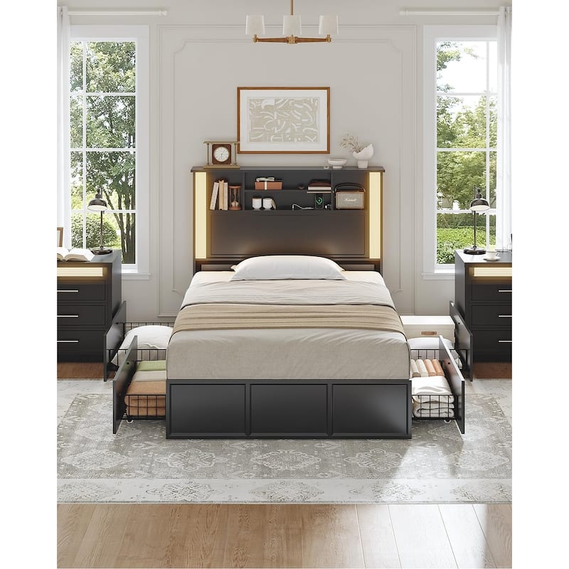 Bed Frames 4 Storage Drawers Storage Headboard Charging Station Metal Slats