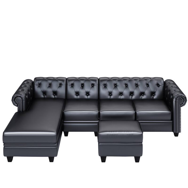 116" Chesterfield Sectional Sofa Set, PU Leather 4-Seat Living Room Set with Storage Ottoman ,Nailheaded