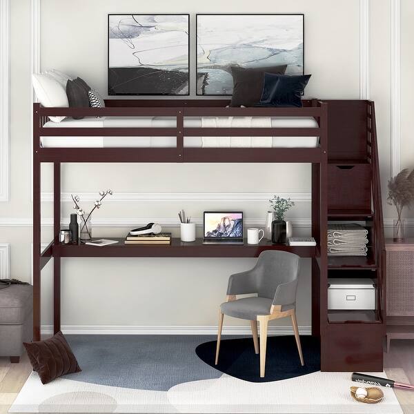 slide 2 of 10, Twin Size Loft Bed with Staircase and Built-in Desk, Brown Espresso