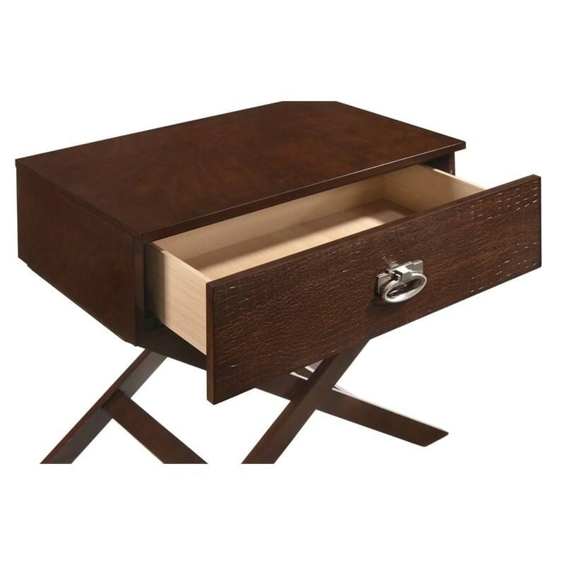 Cappuccino Brown Wooden End Table Nightstand with X Legs and 1 Drawer - 25”H x 27”W x 16”D