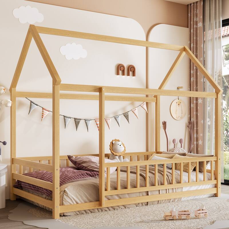 Twin Size Floor Wooden Bed with House Roof Frame, Fence Guardrails