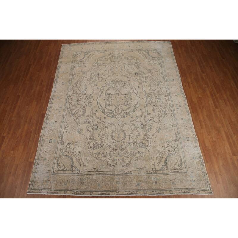 Hand Knotted Oriental 100% Wool Carpet Traditional Floral Beige & Ivories Tabriz Area Rug - 12' 7'' X 9' 7''