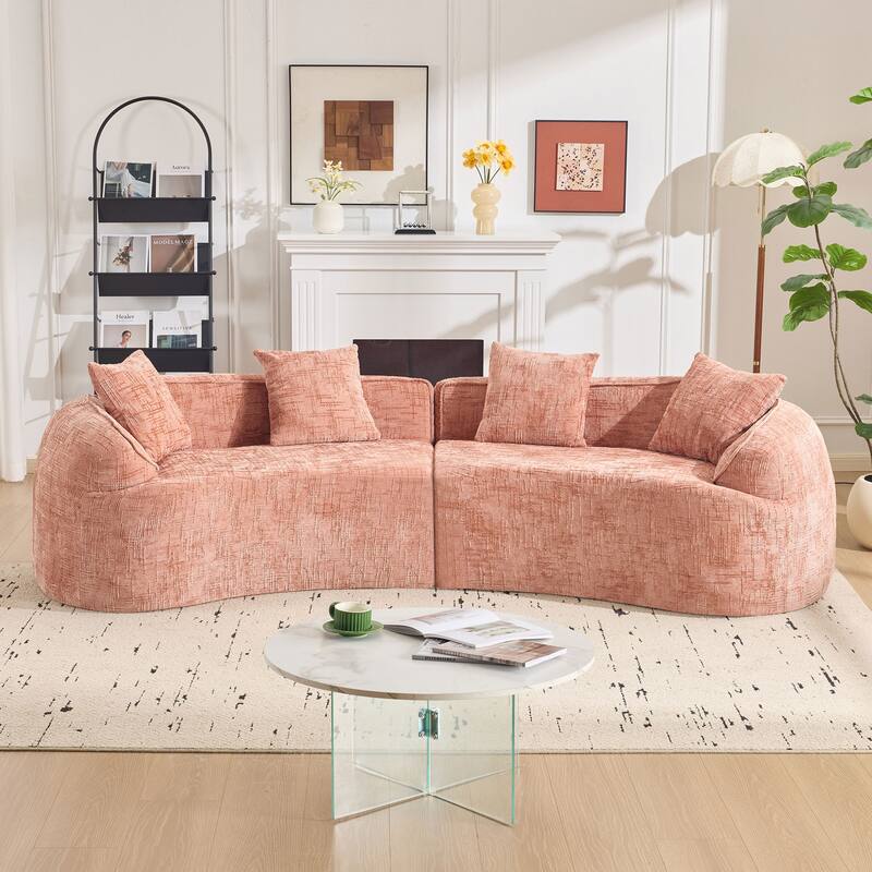 Curved Sectional Sofa with Pillows, Chenille Upholstered 4 Seater Sofa, Full-Compressed Deep Seat Sofa for Living Room