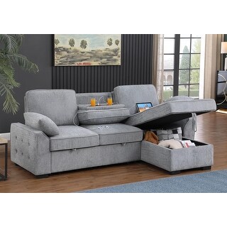 Pull Out L-shaped Sleeper Sofa Bed with Storage Chaise, USB, Cupholder ...