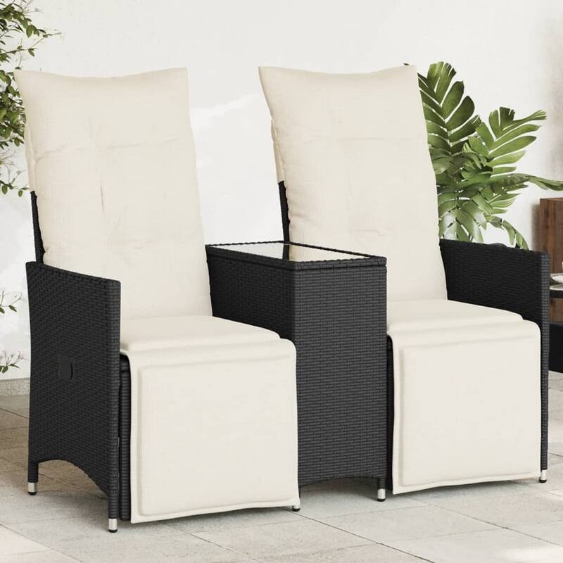 vidaXL Reclining Patio Sofa 2-Seater with Table Loveseat Furniture Poly Rattan - 23.2 x 51.2 x 36.2 in - Black With footrest/ Glass