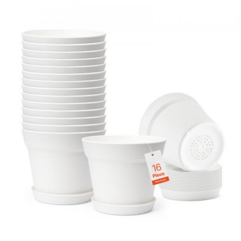 16-Pack Plastic Plant Pots with Drainage Holes for Plants - 6 x 6 x 5 inch - White