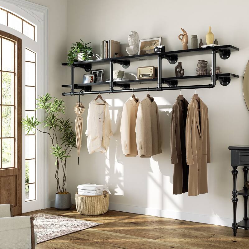 Floating Pipe Heavy-Duty Garment Rack, Wall-Mounted Closet Organizer with Storage Shelves