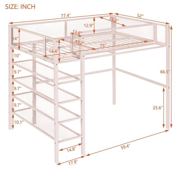 dimension image slide 0 of 3, Twin Size Metal Loft Bed with 4-Tier Shelves and Storage, White