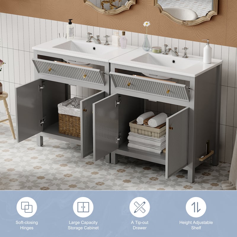 GDFStudio - Westbridge Modern Freestanding Double Bathroom Vanity Set with Ceramic Sink and Soft Closing Doors - 60'W