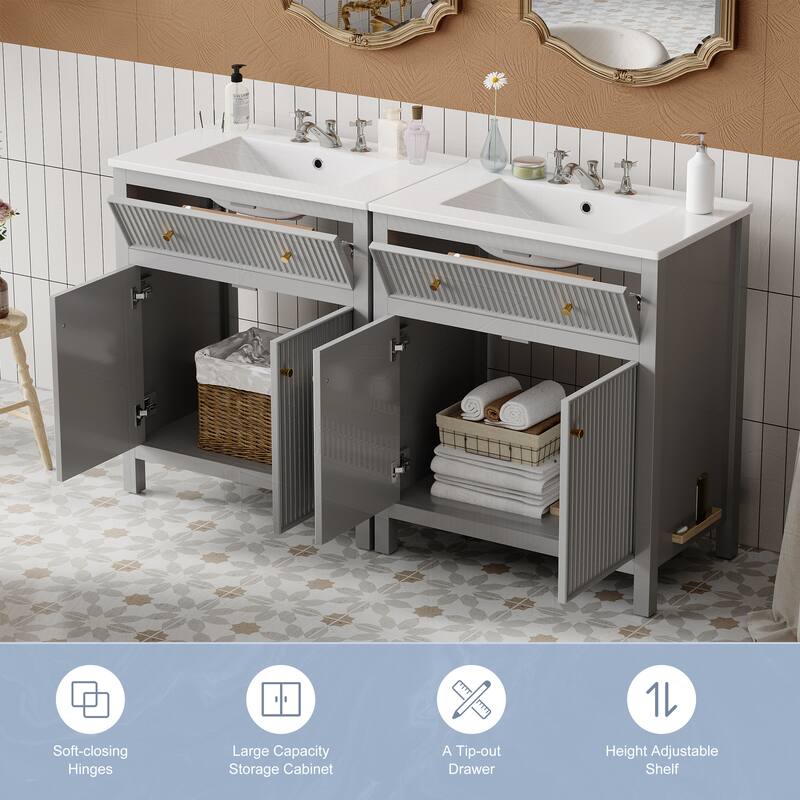 Roomfitters 60" Grey Bathroom Vanity with Ceramic Sink, Freestanding Storage Cabinet with Fluted Doors & Soft-Close Drawer