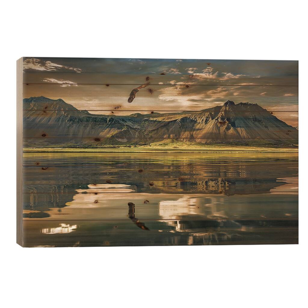 Eagle In Nature And The Reflection Of The Mountains In The Lake Print On Wood by Adrian Vieriu - Multi-Color