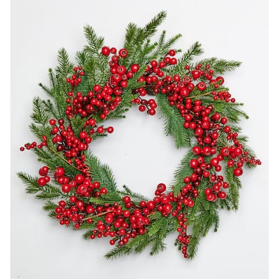 24" Red Berries & Cedar Wreath - Multicolor