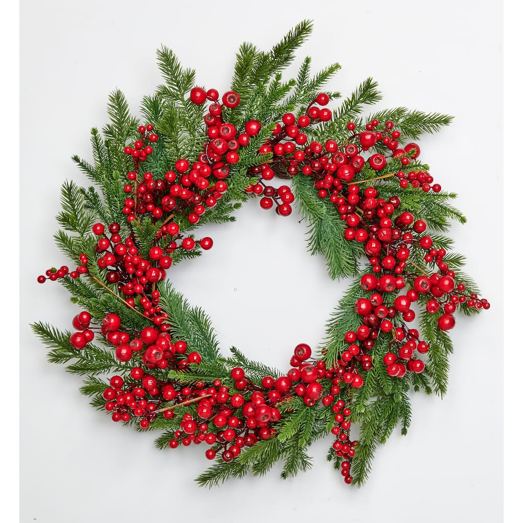 24" Red Berries & Cedar Wreath - Multicolor