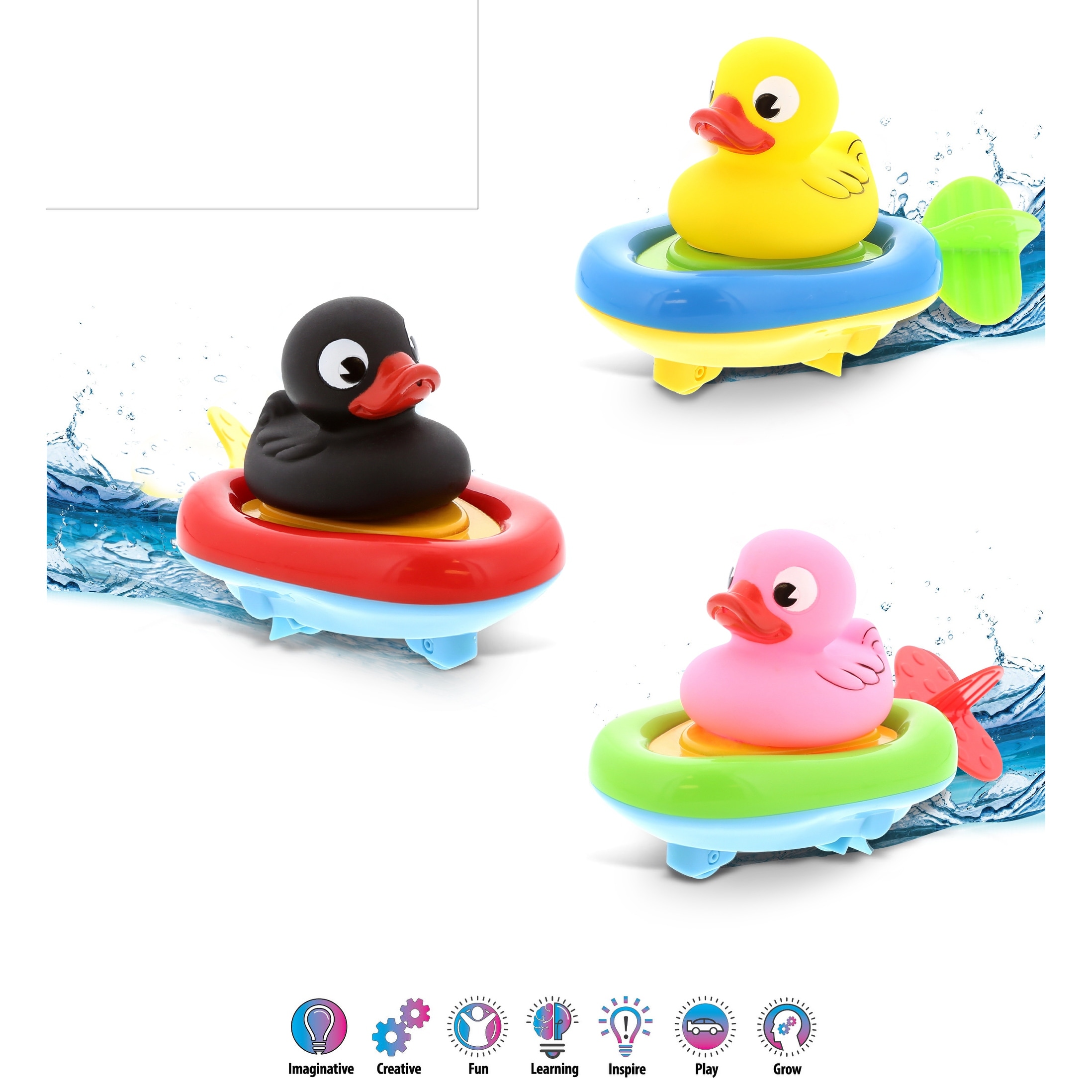 DolliBu Duck Boat Racers Bundle Set of 3 - 3-in-1 Bath Toy Pull & Go - Multicolor - 3x2.25x1.75 inches.